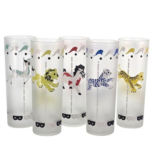 5 Libbey Merry-Go-Round Cocktail Glasses 7" satin frosted barware 1950s circus - Picture 1 of 9